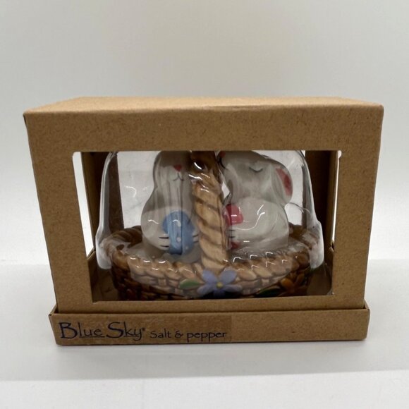 Blue Sky Bunny Salt & Pepper Shakers In Basket With Floral & Blue Butterfly - Picture 12 of 14